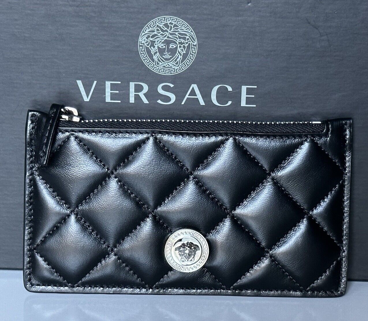 Versace Medusa Head Quilted Black Leather Zipper Card Wallet 1013357 NWT $350