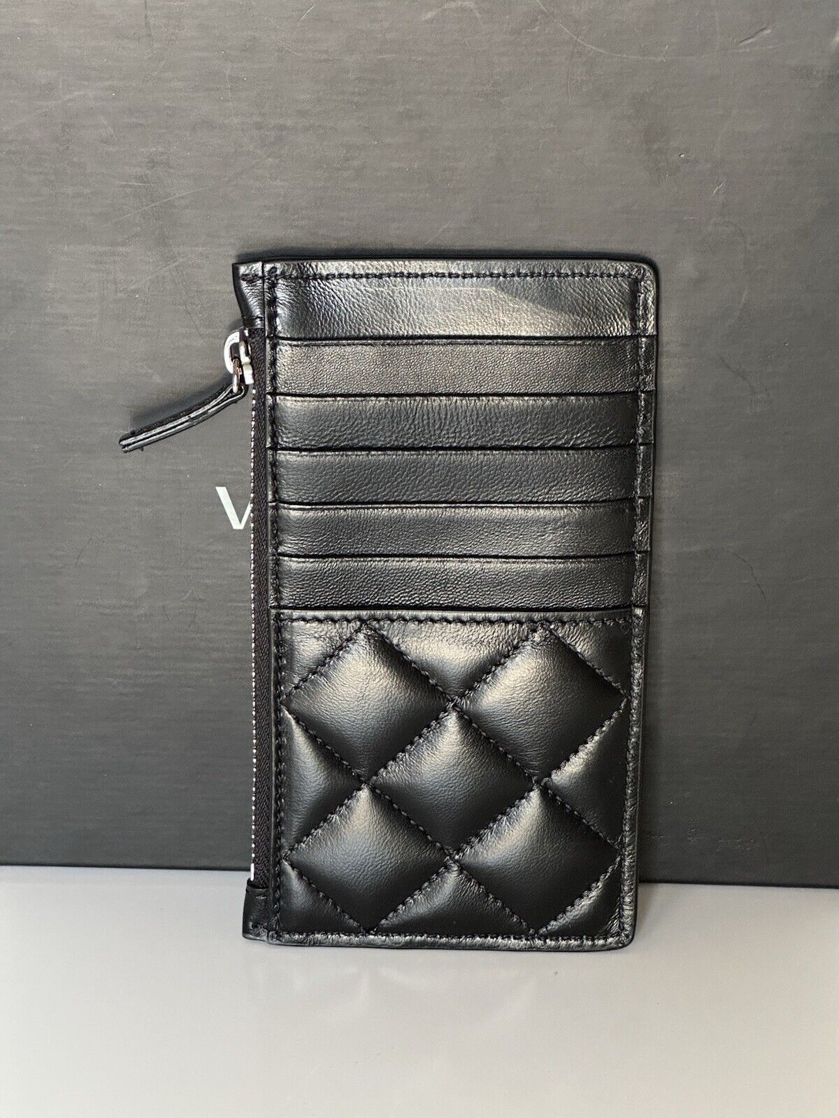 Versace Medusa Head Quilted Black Leather Zipper Card Wallet 1013357 NWT $350