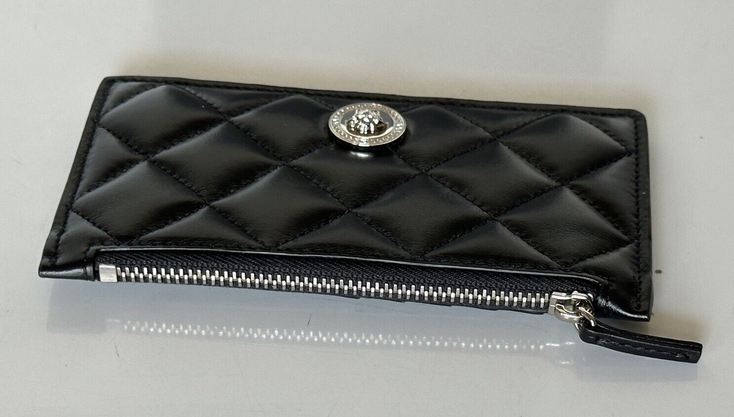 Versace Medusa Head Quilted Black Leather Zipper Card Wallet 1013357 NWT $350