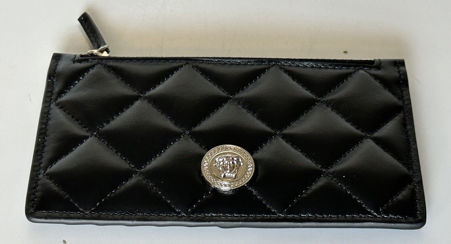 Versace Medusa Head Quilted Black Leather Zipper Card Wallet 1013357 NWT $350