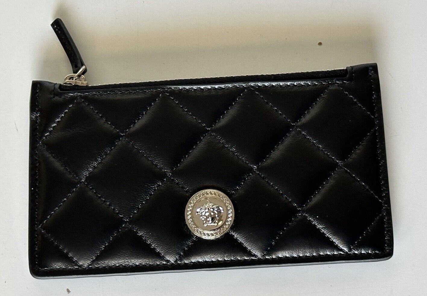 Versace Medusa Head Quilted Black Leather Zipper Card Wallet 1013357 NWT $350