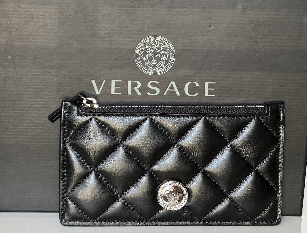 Versace Medusa Head Quilted Black Leather Zipper Card Wallet 1013357 NWT $350