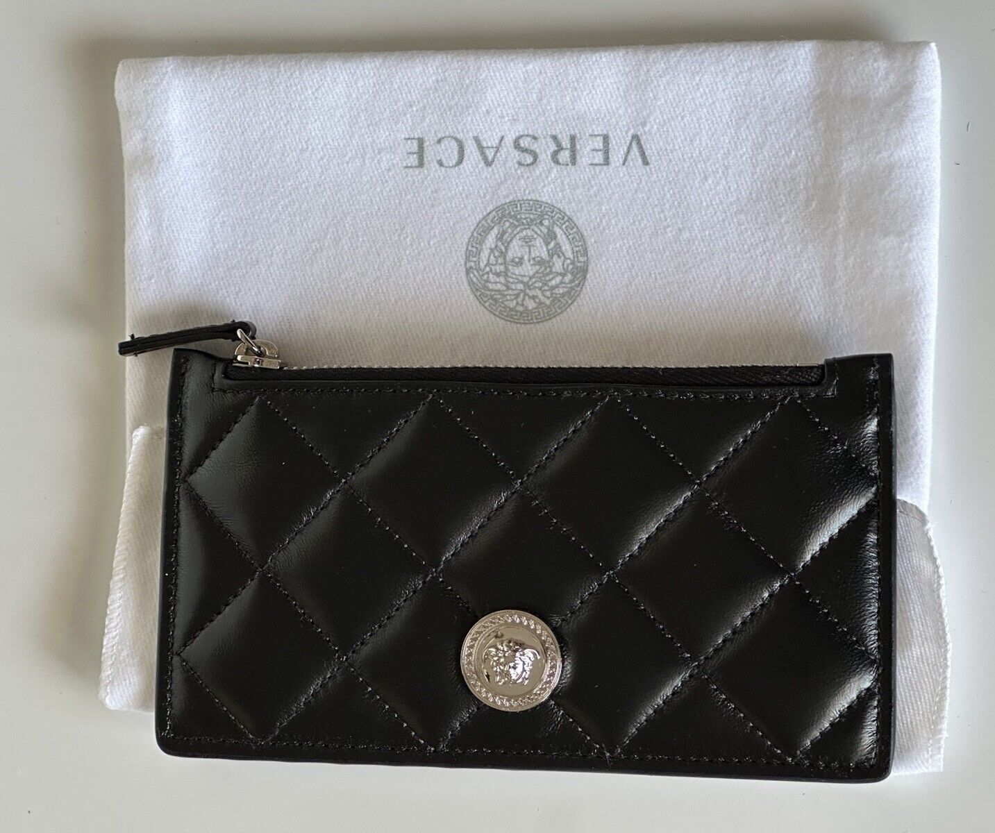 Versace Medusa Head Quilted Black Leather Zipper Card Wallet 1013357 NWT $350