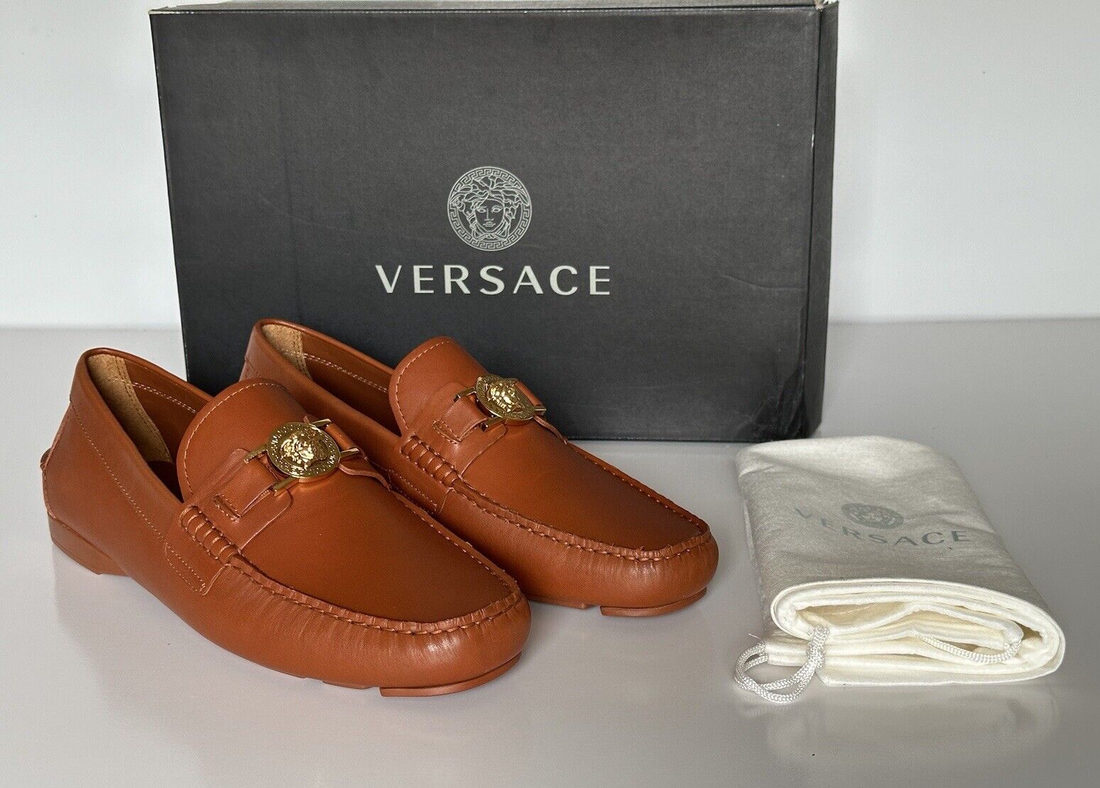 VERSACE Medusa Men's Brown Leather Driver Shoes 8.5 US (41.5) DSU6014S NIB $850