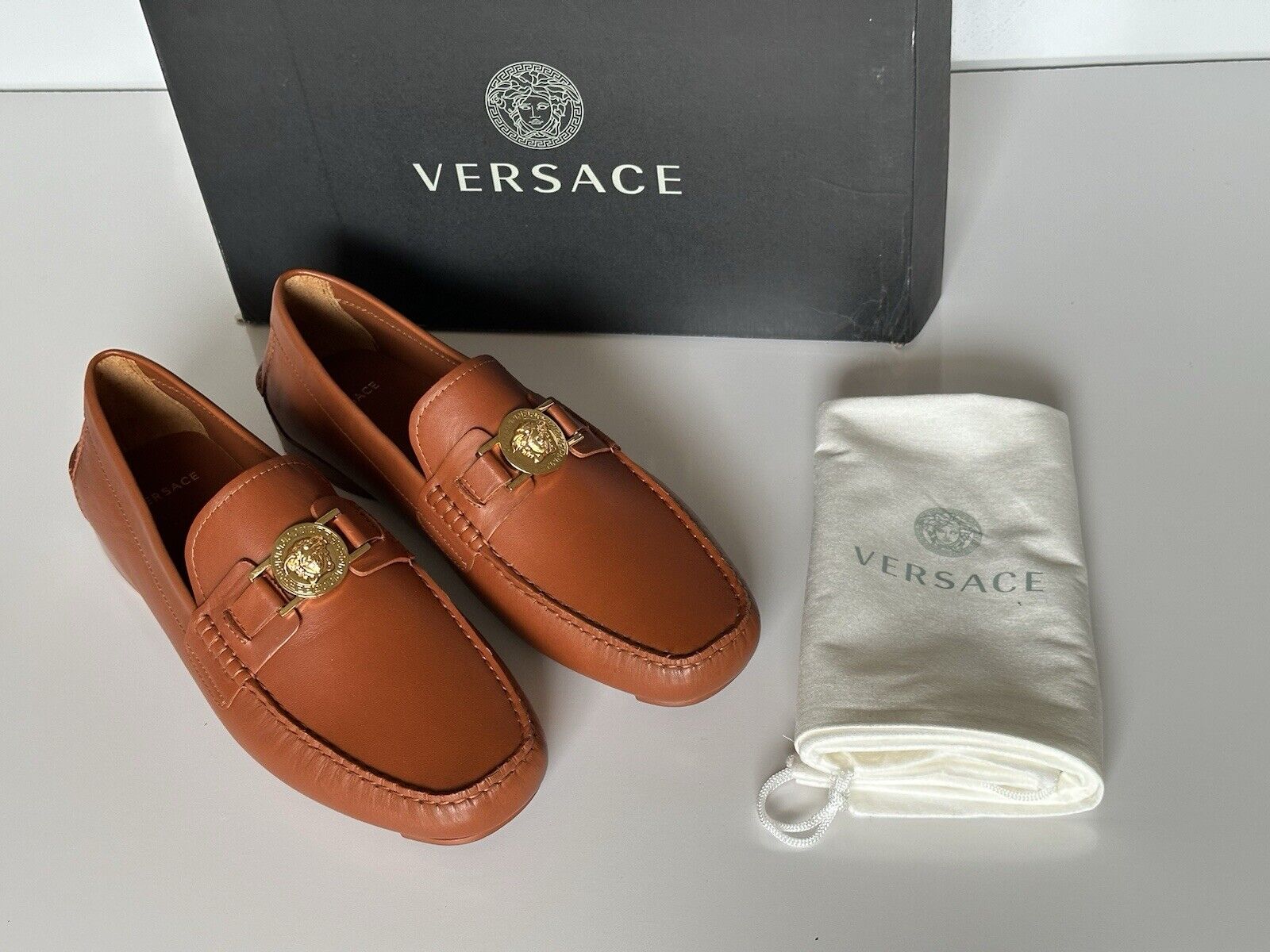 VERSACE Medusa Men's Brown Leather Driver Shoes 8.5 US (41.5) DSU6014S NIB $850