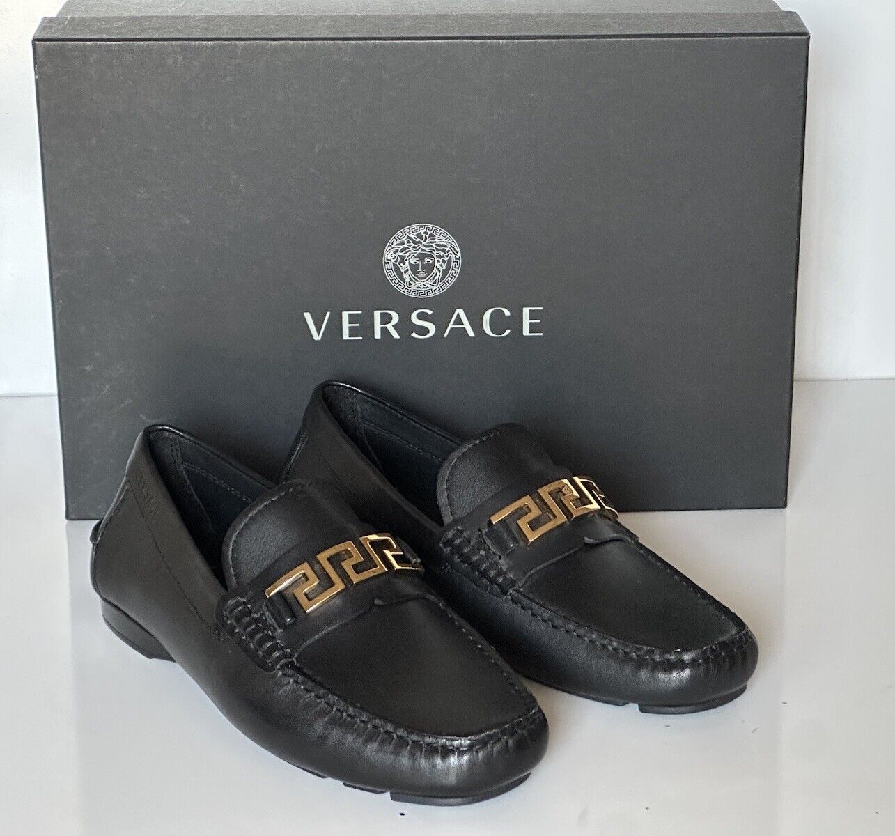 VERSACE Greek Key Men's Black Leather Driver Shoes 6 US (39 Eu) 1006271 NIB $800