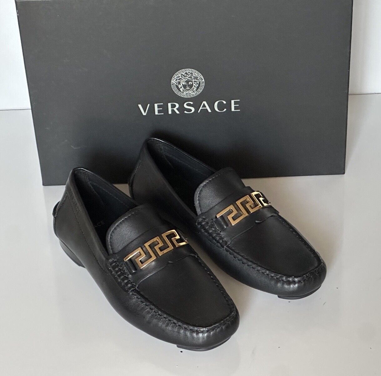 VERSACE Greek Key Men's Black Leather Driver Shoes 6 US (39 Eu) 1006271 NIB $800