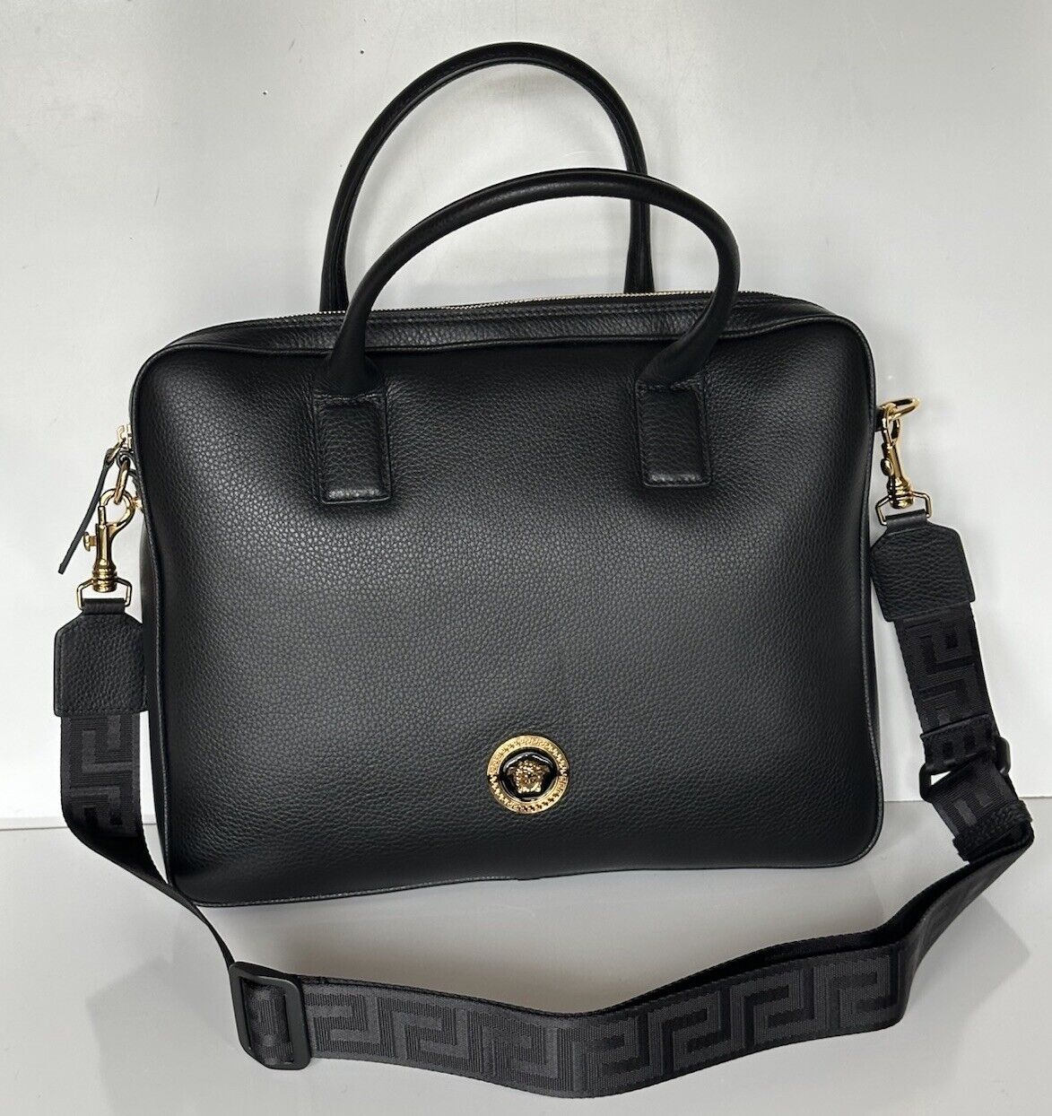 Versace Grainy Calf Leather Black Briefcase Bag Italy 1013360 NWT $1400