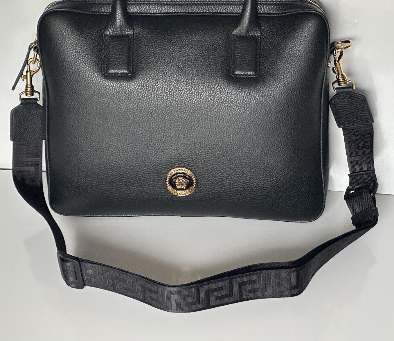 Versace Grainy Calf Leather Black Briefcase Bag Italy 1013360 NWT $1400