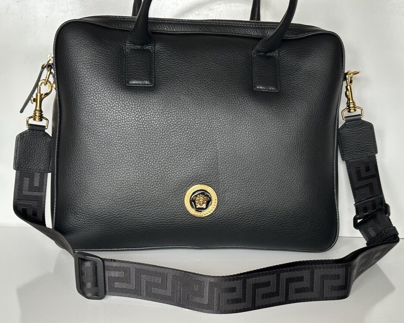 Versace Grainy Calf Leather Black Briefcase Bag Italy 1013360 NWT $1400