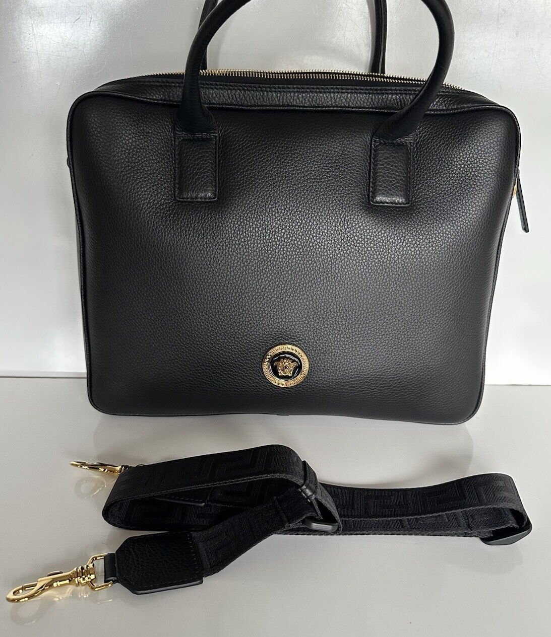 Versace Grainy Calf Leather Black Briefcase Bag Italy 1013360 NWT $1400