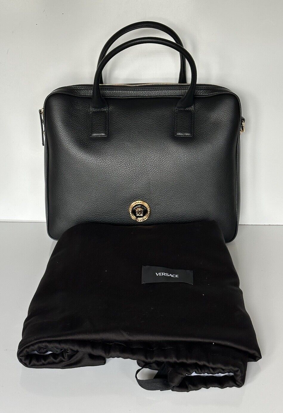 Versace Grainy Calf Leather Black Briefcase Bag Italy 1013360 NWT $1400