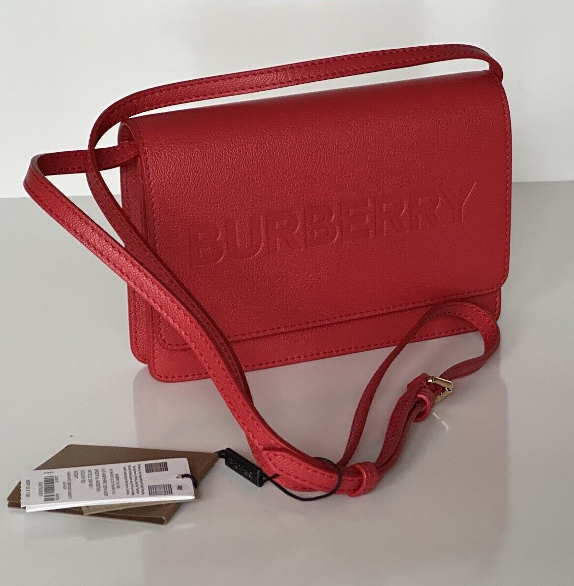 Burberry Hampshire Embossed Leather Cross Body Bag Red 80613601 Italy NWT $1090