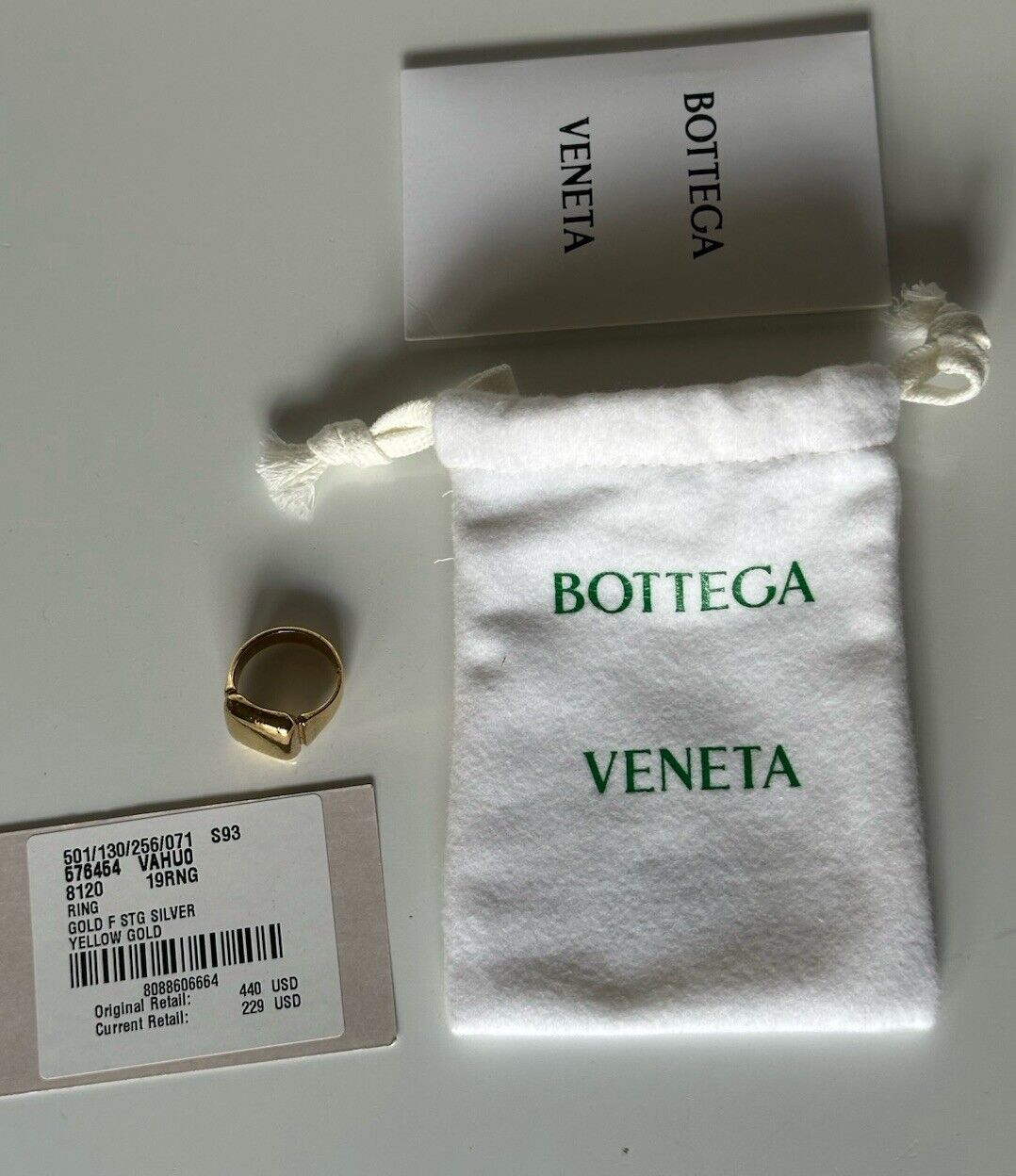 Bottega Veneta Gold Plated Sterling Silver Ring Size 19 (9 US) 576464 NWB $440