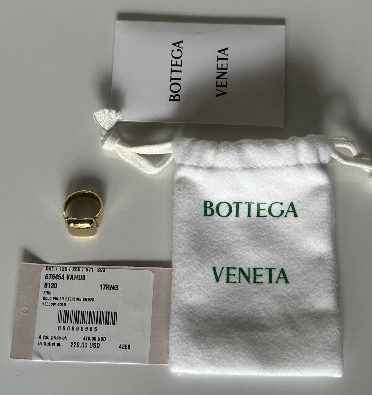 Bottega Veneta Gold Plated Sterling Silver Ring Size 17 (8 US) 576464 NWB $440