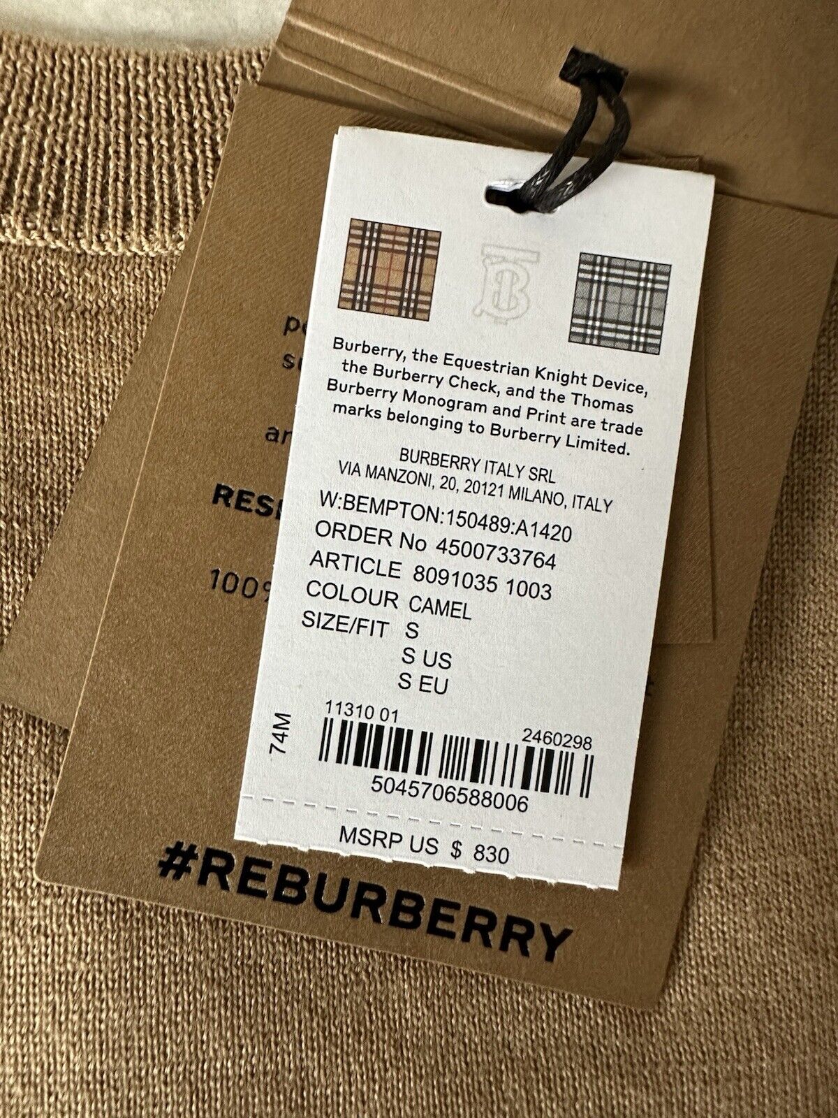 Burberry Bempton Wool Camel Elbow Patch Sweater Small 8091035 NWT $830