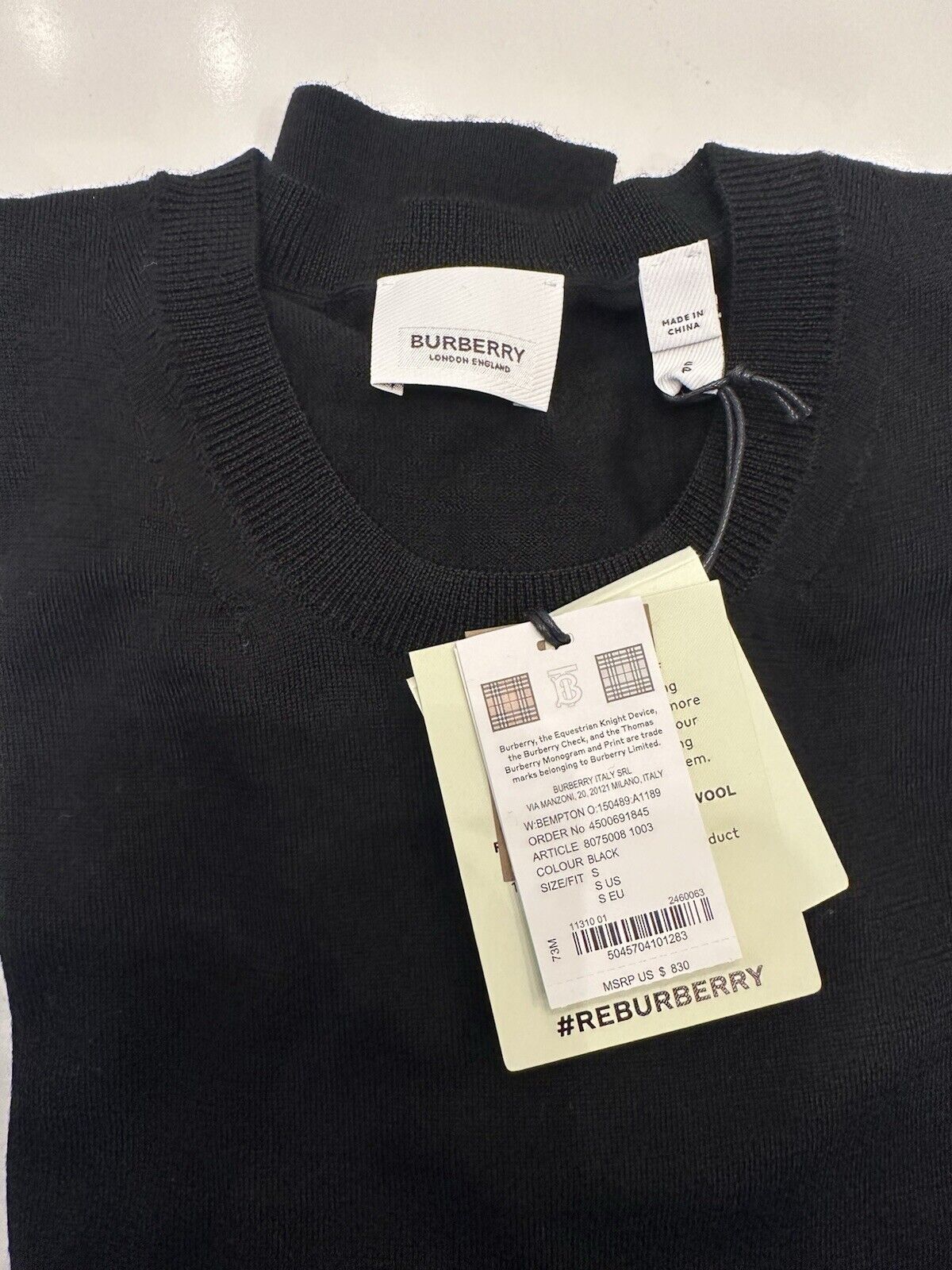 Burberry Bempton Wool Black Elbow Patch Sweater Small 8091034 NWT $830