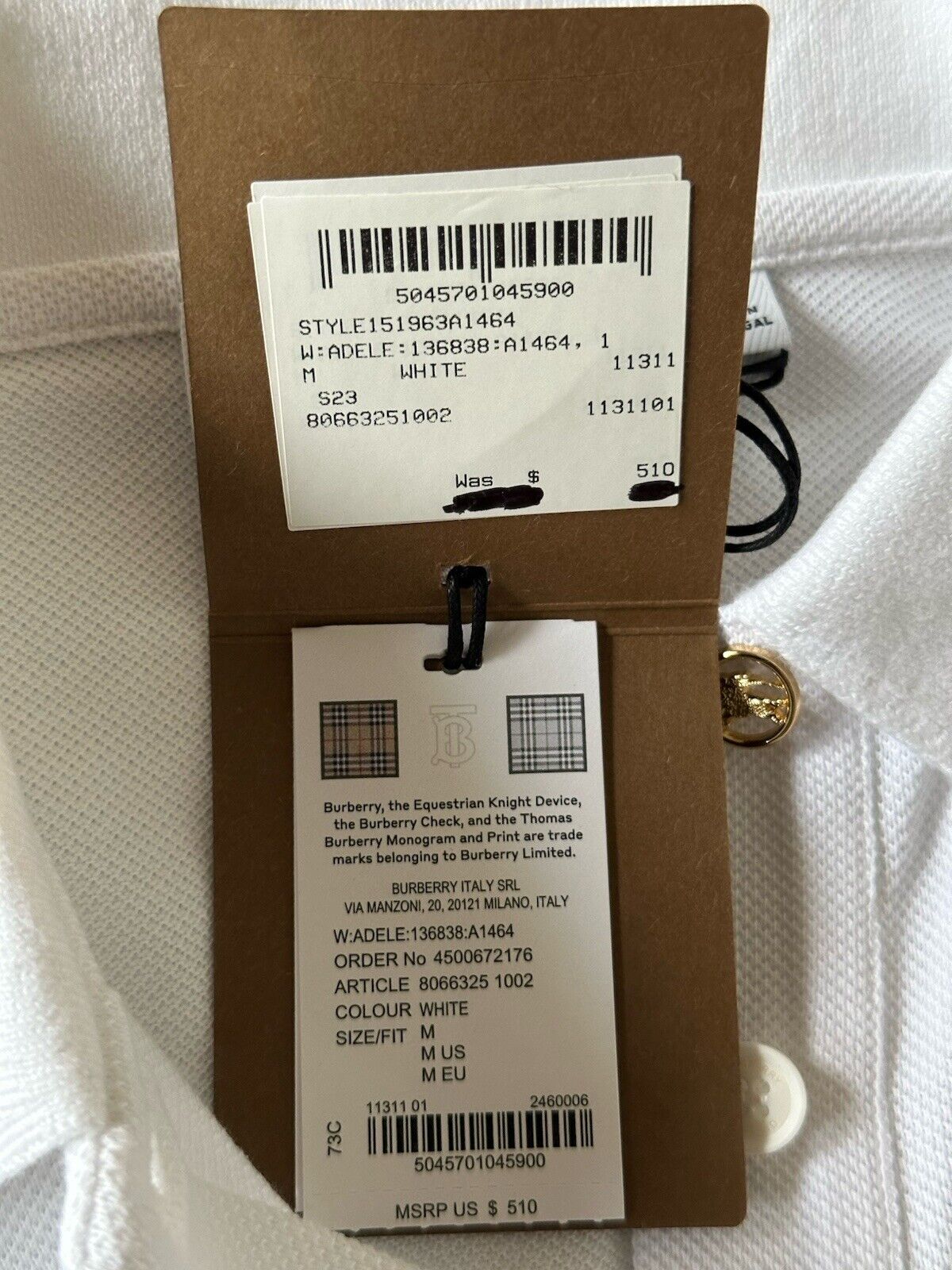 Burberry Adele Women’s White Cotton Polo Shirt M 8066325 Portugal NWT $510