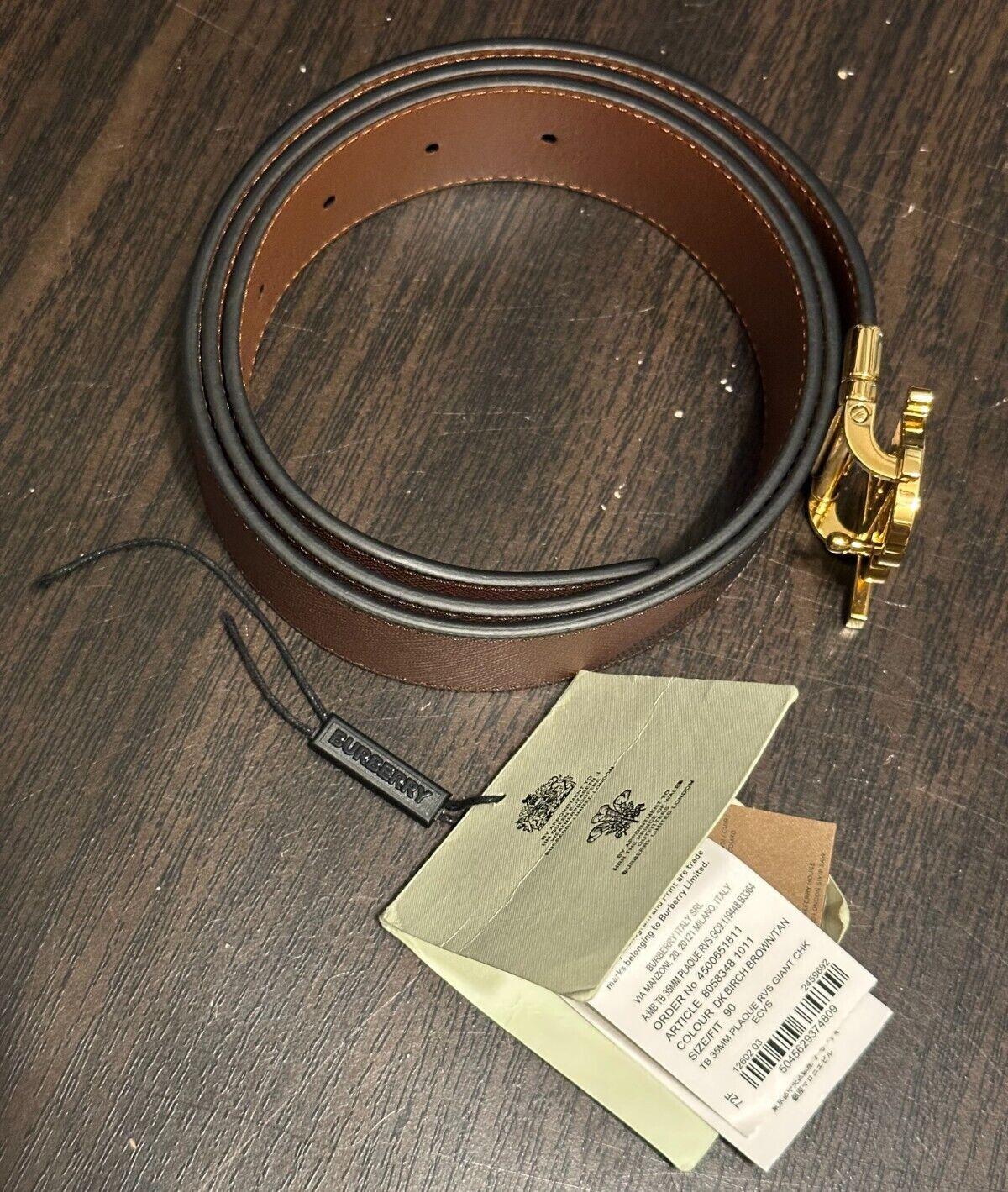 Burberry TB Leather Dark Birch Reversible Belt 36/90 8058348 Italy NWT $550