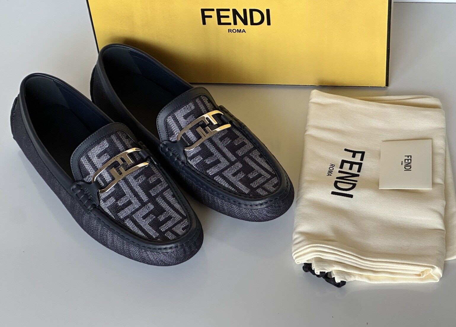 Fendi O’lock Men’s Denim Blue Driver Shoes 11 US (10 Fendi) 7D1588 IT NIB $770