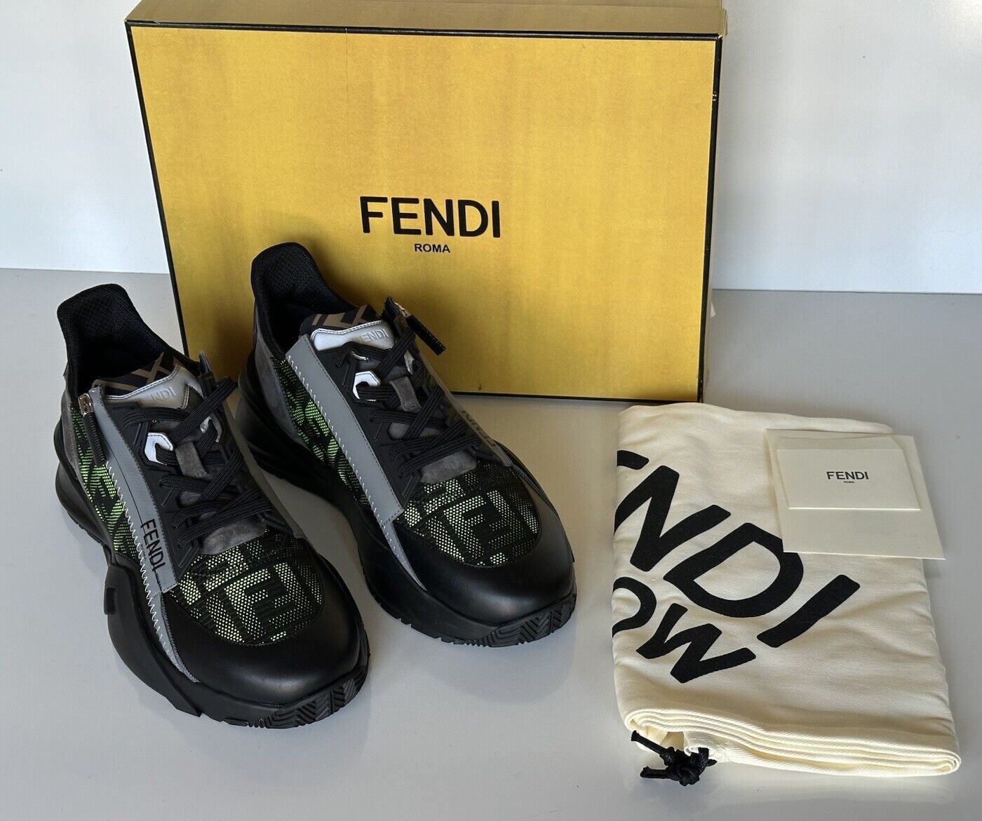 Fendi Flow Men's Black/Green Sneakers 11 US (Fendi 10) 7E1392 Italy NIB $995