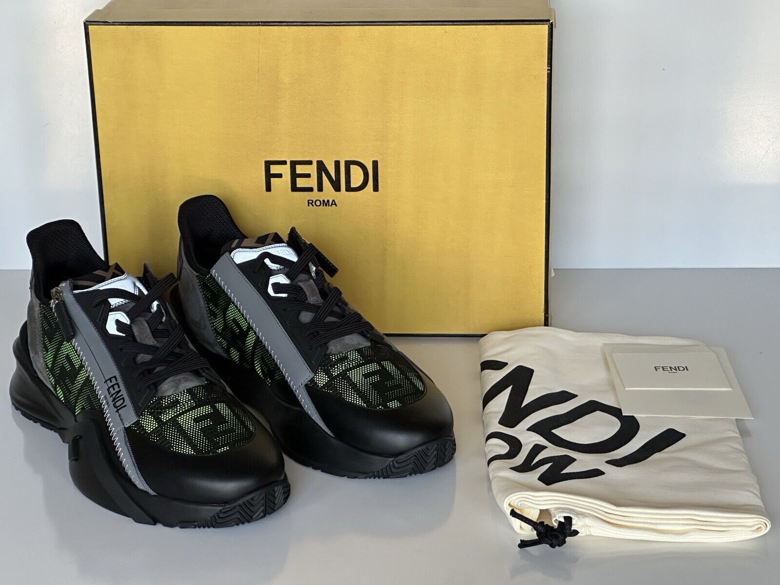 Fendi Flow Men's Black/Green Sneakers 11 US (Fendi 10) 7E1392 Italy NIB $995