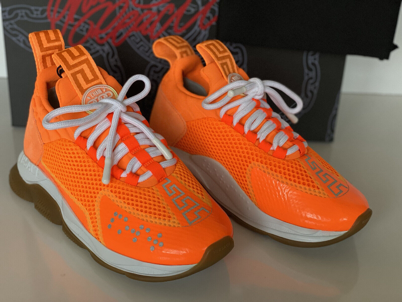 Versace Orange Sparkle Chain Reaction Sneakers 6 US (36 EU) Made in Italy NIB