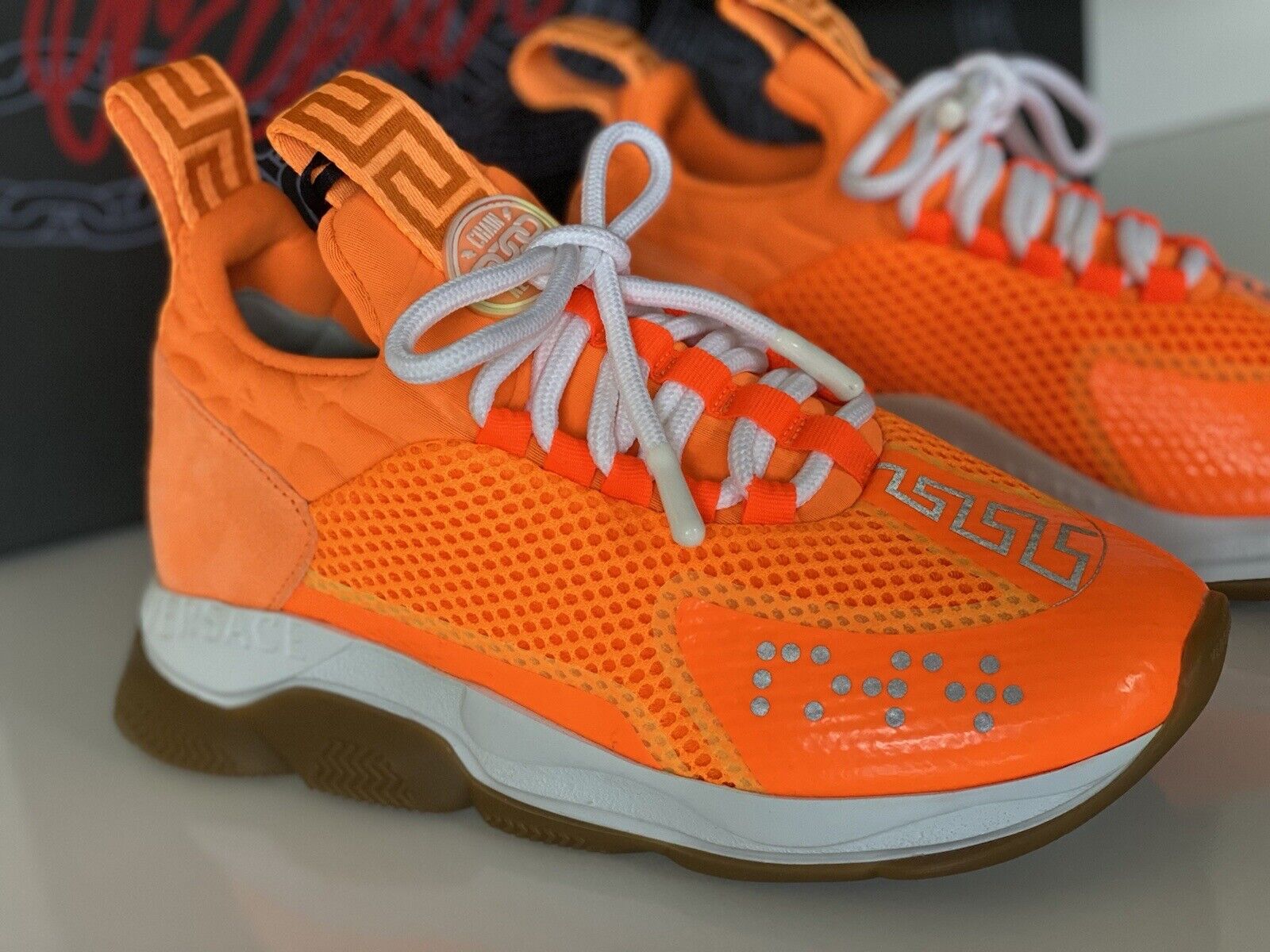 Versace Orange Sparkle Chain Reaction Sneakers 6 US (36 EU) Made in Italy NIB