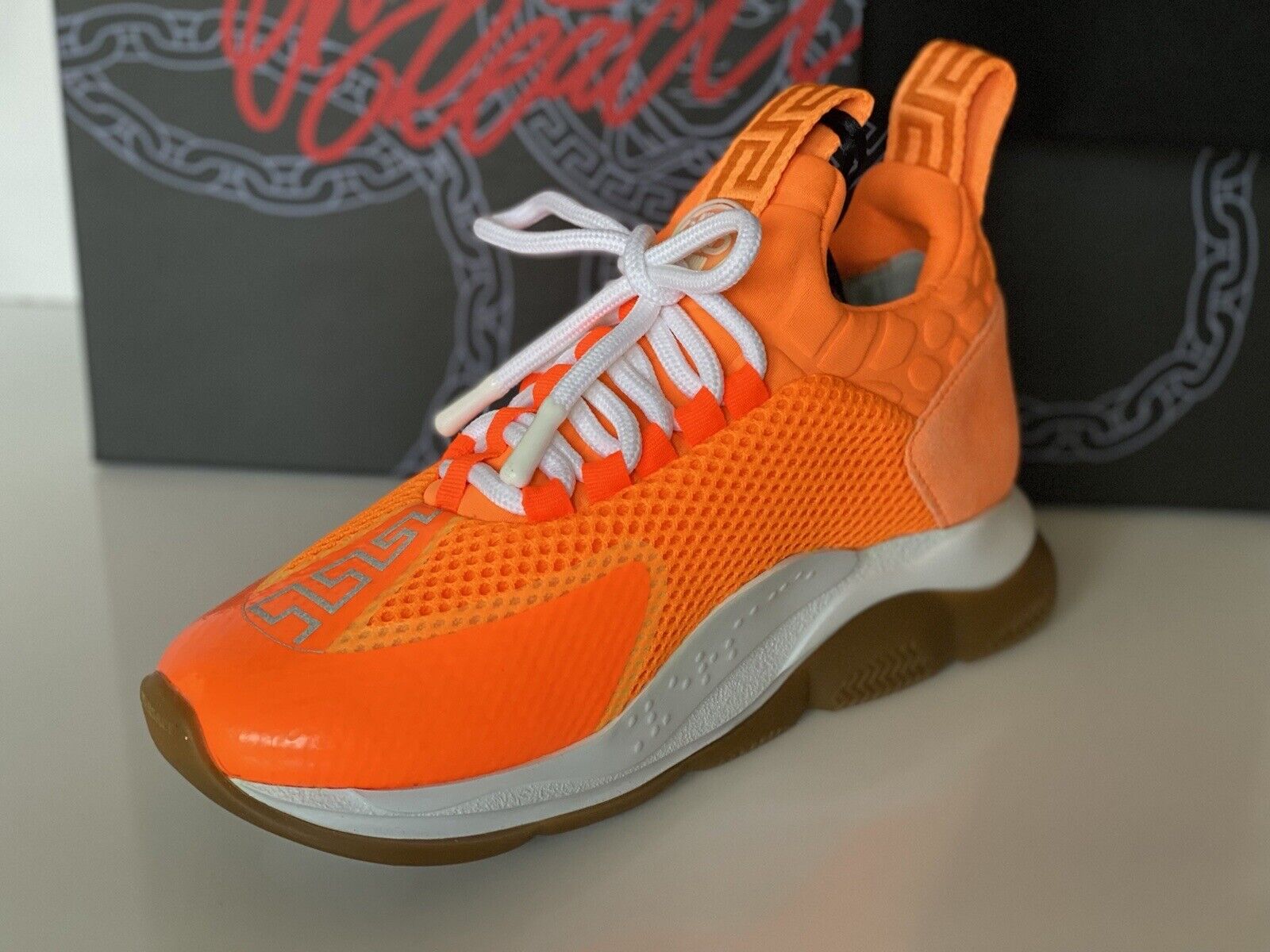 Versace Orange Sparkle Chain Reaction Sneakers 6 US (36 EU) Made in Italy NIB