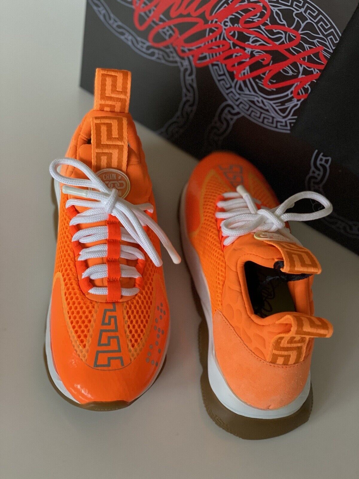 Versace Orange Sparkle Chain Reaction Sneakers 6 US (36 EU) Made in Italy NIB