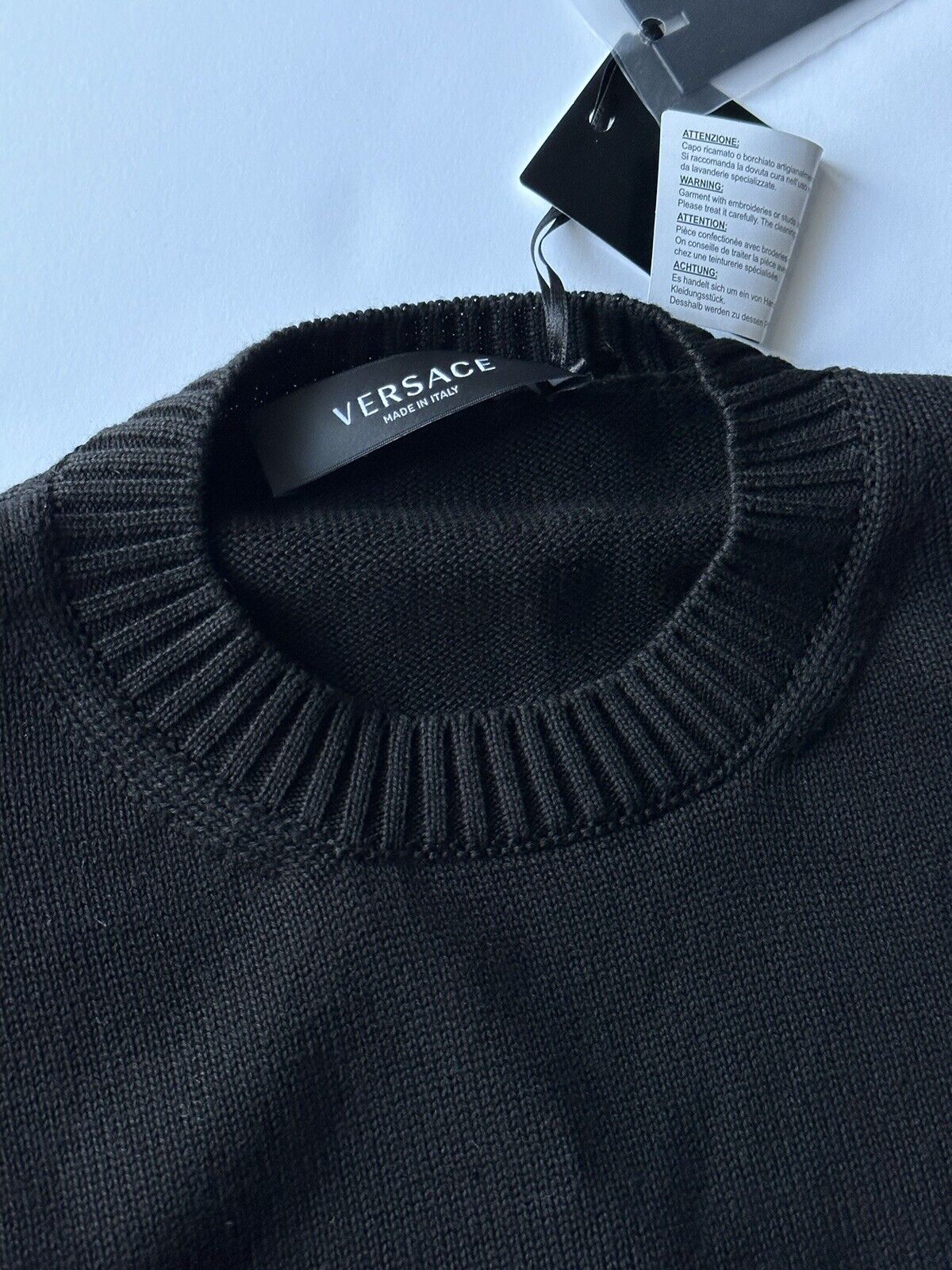 Versace Signature Cotton Knit Sweater Black 50 (Large) Italy A85006 NWT $700