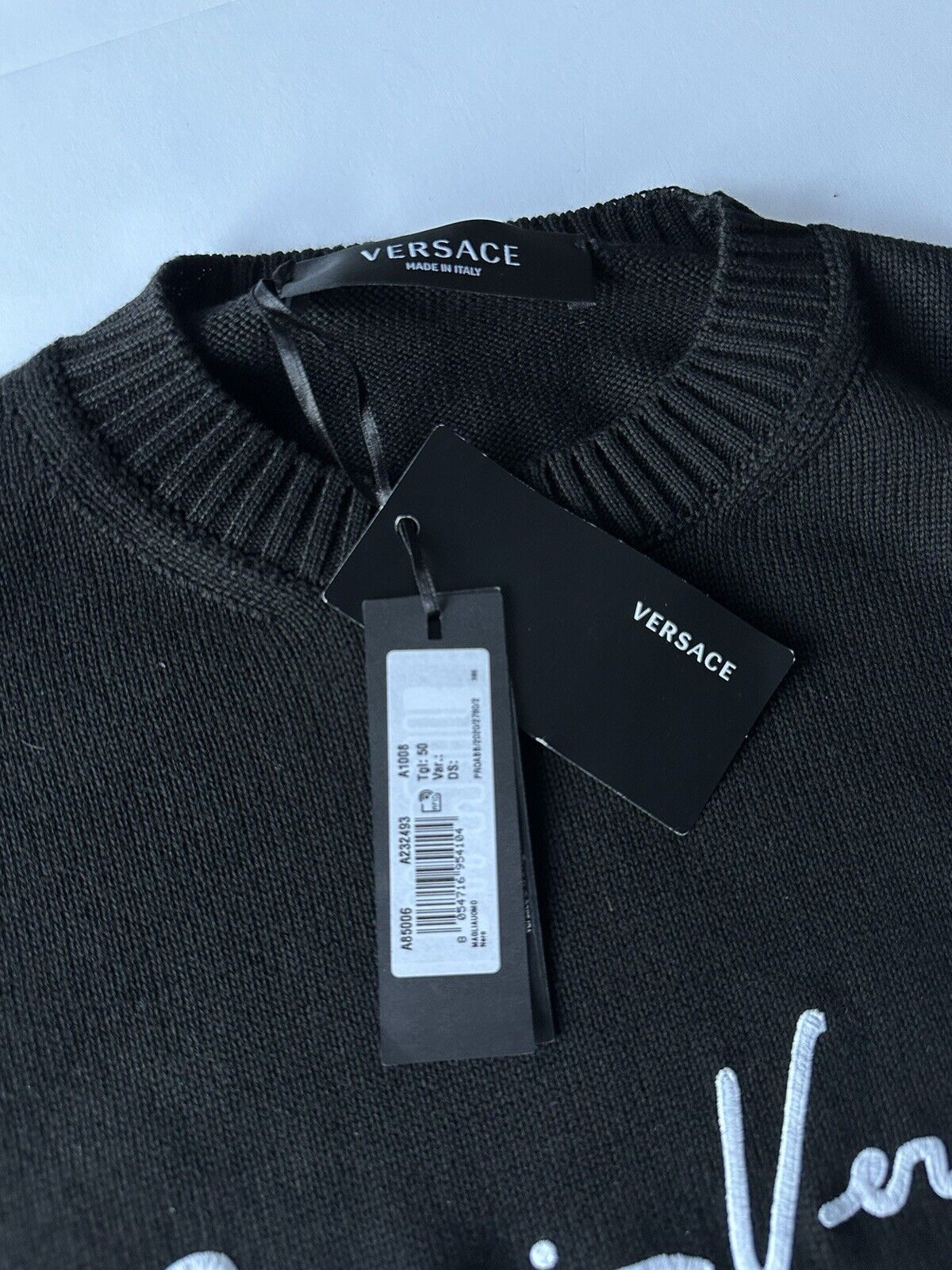 Versace Signature Cotton Knit Sweater Black 50 (Large) Italy A85006 NWT $700