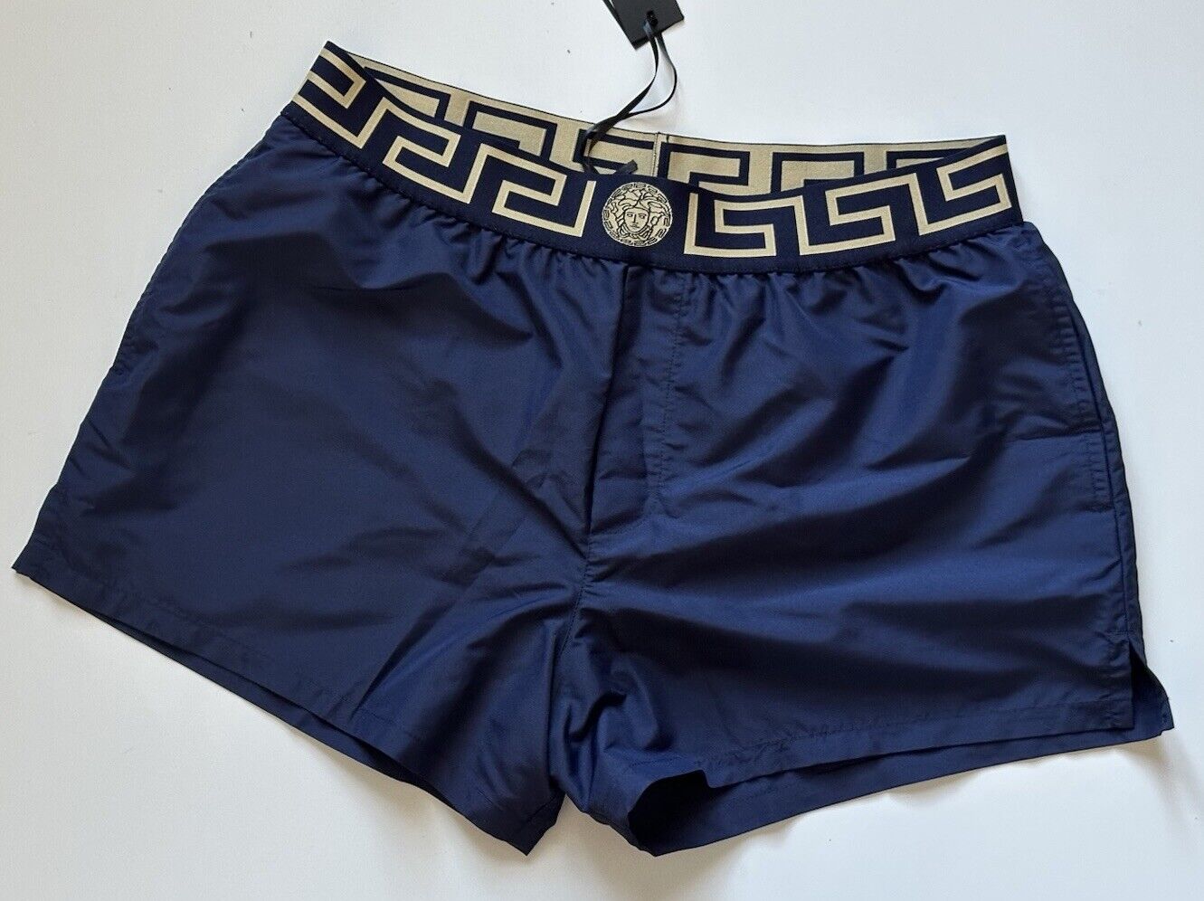 Versace Greek Key Logo Men's Blue Swim Shorts Size 7 (34”) ABU01022 NWT $325