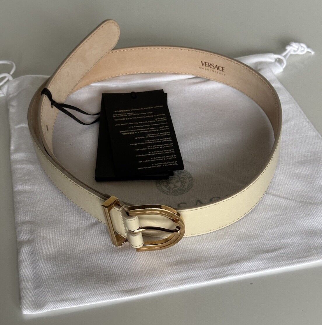 Versace Light Sand/Gold Calf Leather Belt 75 (30) Italy 1015067 NWT