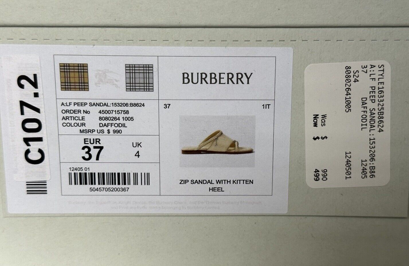 Burberry Open Toe Yellow Leather Slides Sandals 7 US (37) 8080264 IT NIB $990