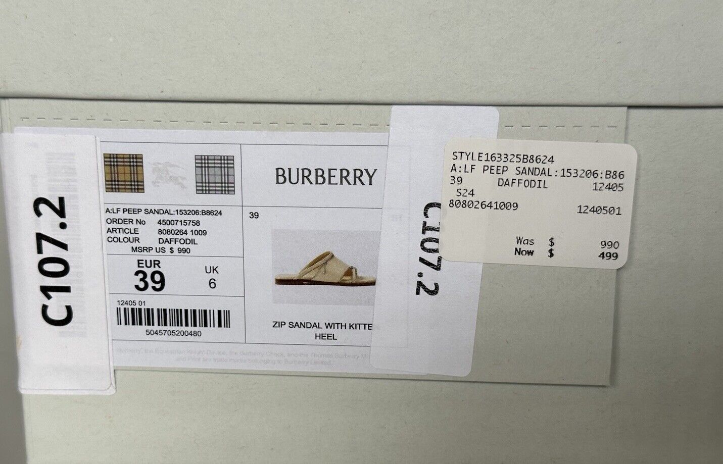 Burberry Open Toe Yellow Leather Slides Sandals 9 US (39) 8080264 IT NIB $990