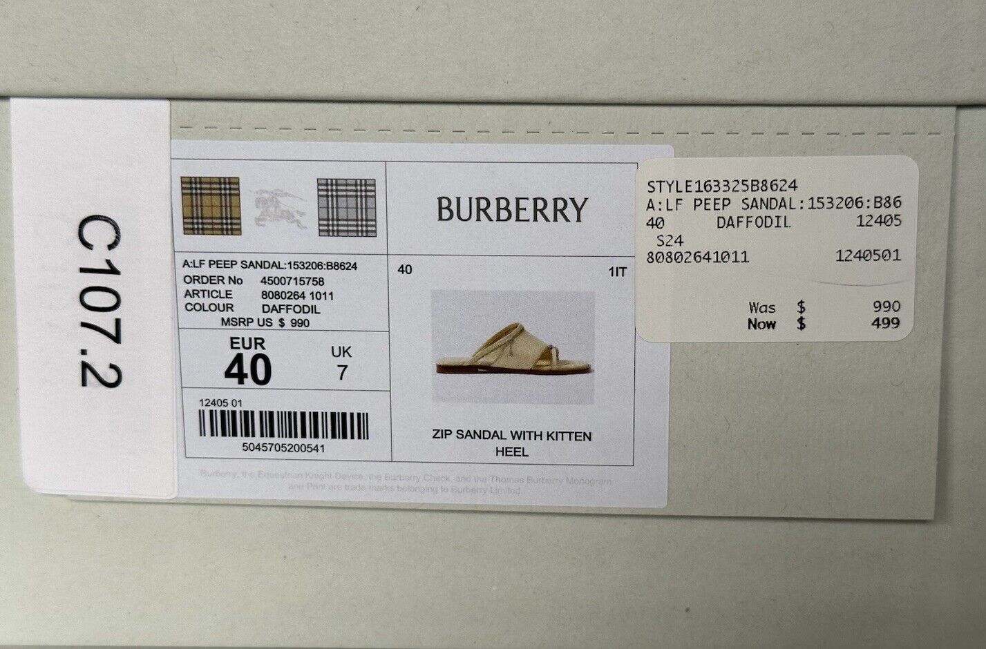 Burberry Open Toe Yellow Leather Slides Sandals 10 US (40) 8080264 IT NIB $990