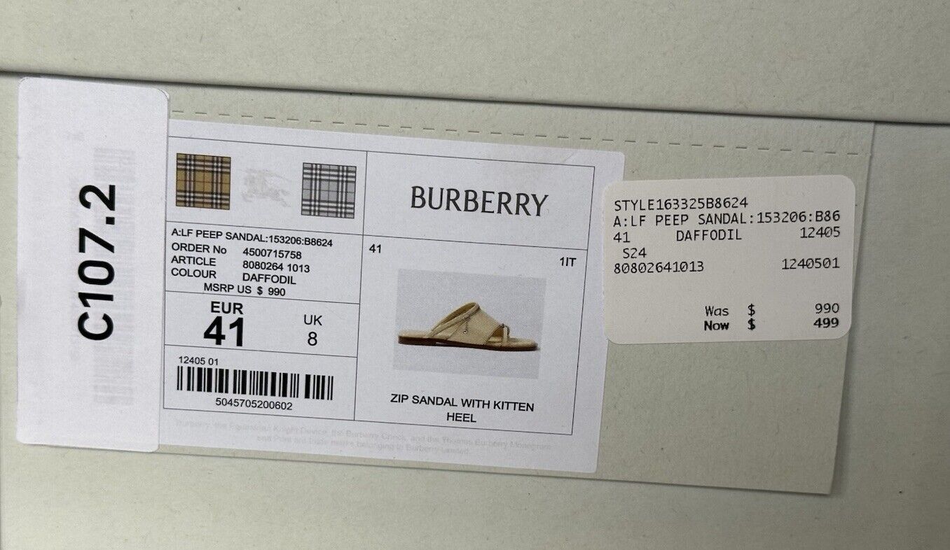 Burberry Open Toe Yellow Leather Slides Sandals 11 US (41) 8080264 IT NIB $990