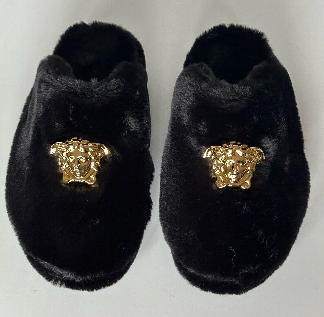 VERSACE Medusa Women's Black Fur Slippers 7 US (37 Euro) Italy ZSL000008 NIB