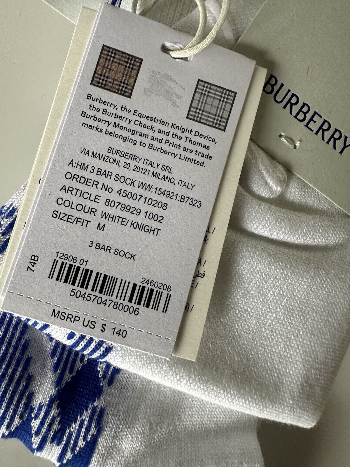 Burberry 3 Bar Socks White/Knight M (8-10 US / 38-40 Euro) 8079929 NWT $140