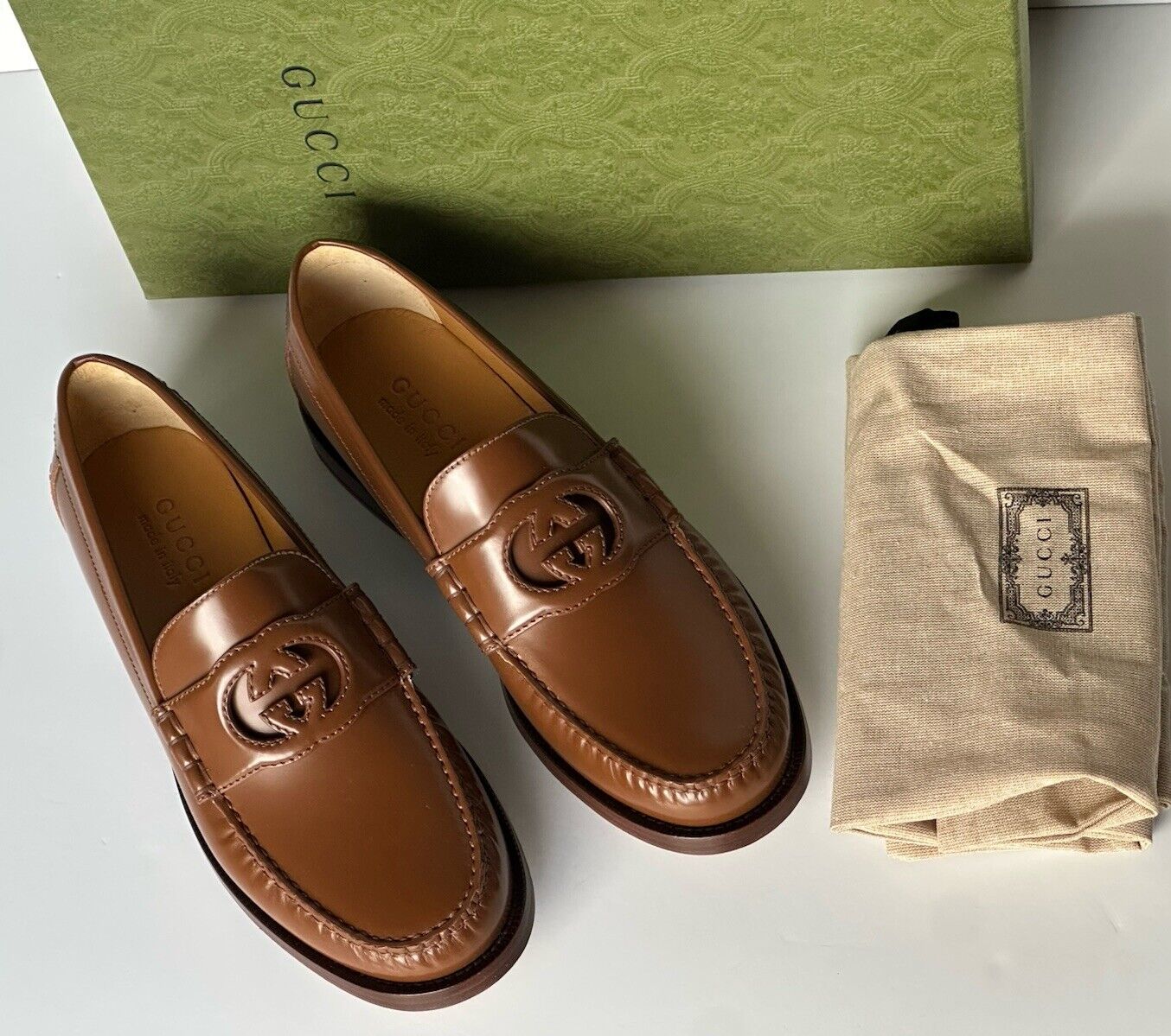 Gucci Men’s GG Logo Leather Moccasin Loafers Shoes Brown 9 US (8.5 Gucci) 738470