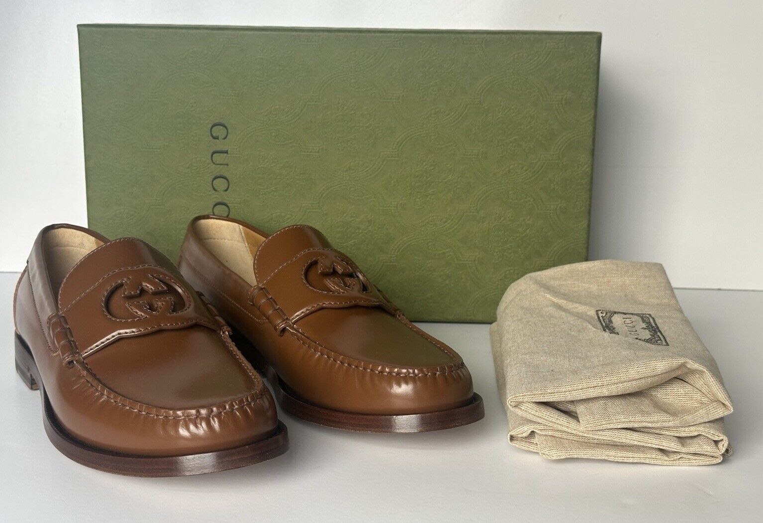 Gucci Men’s GG Logo Leather Moccasin Loafers Shoes Brown 12.5 US 12 Gucci 738470