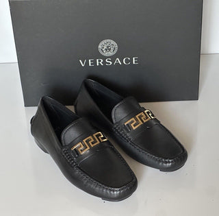 VERSACE Greek Key Mens Black Leather Driver Shoes 6.5 US (39.5) 1006271 NIB $800