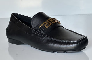 VERSACE Greek Key Mens Black Leather Driver Shoes 6.5 US (39.5) 1006271 NIB $800