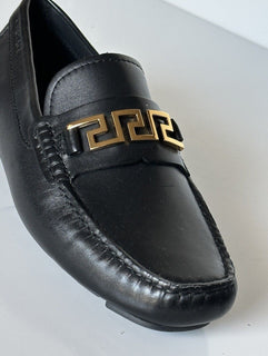 VERSACE Greek Key Mens Black Leather Driver Shoes 6.5 US (39.5) 1006271 NIB $800