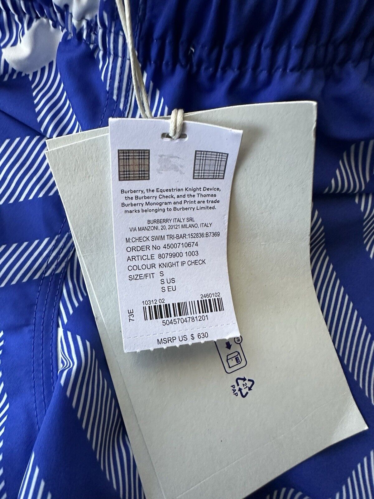 Burberry Men's Knight Blue IP Check Boxer Swim Shorts Small 8079900 NWT $630