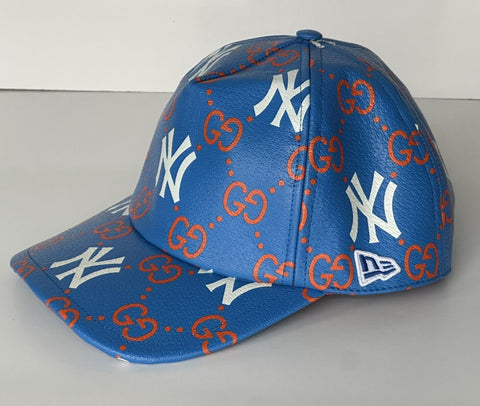 Gucci Men’s NY Yankees GG Logo Leather Baseball Cap Hat Blue M 729592 New