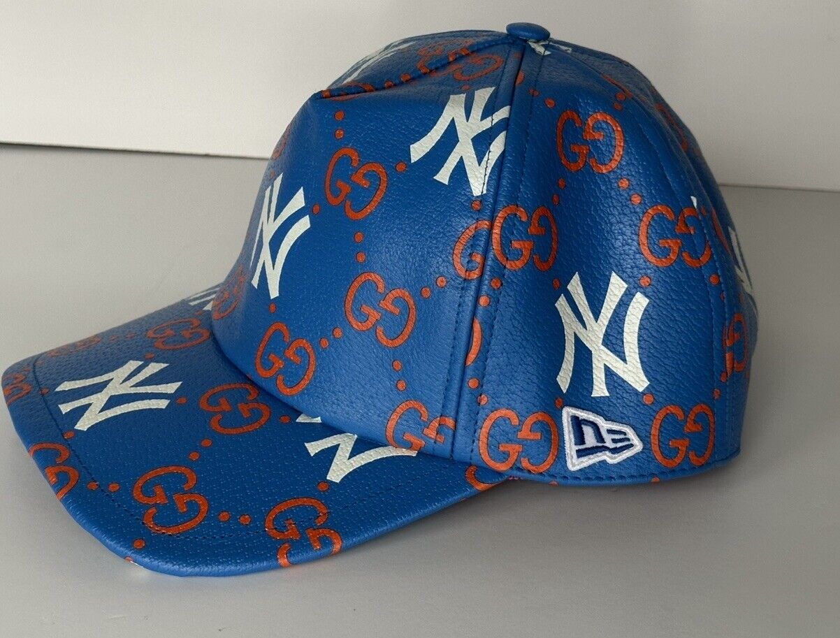 Gucci Men’s NY Yankees GG Logo Leather Baseball Cap Hat Blue M 729592 New