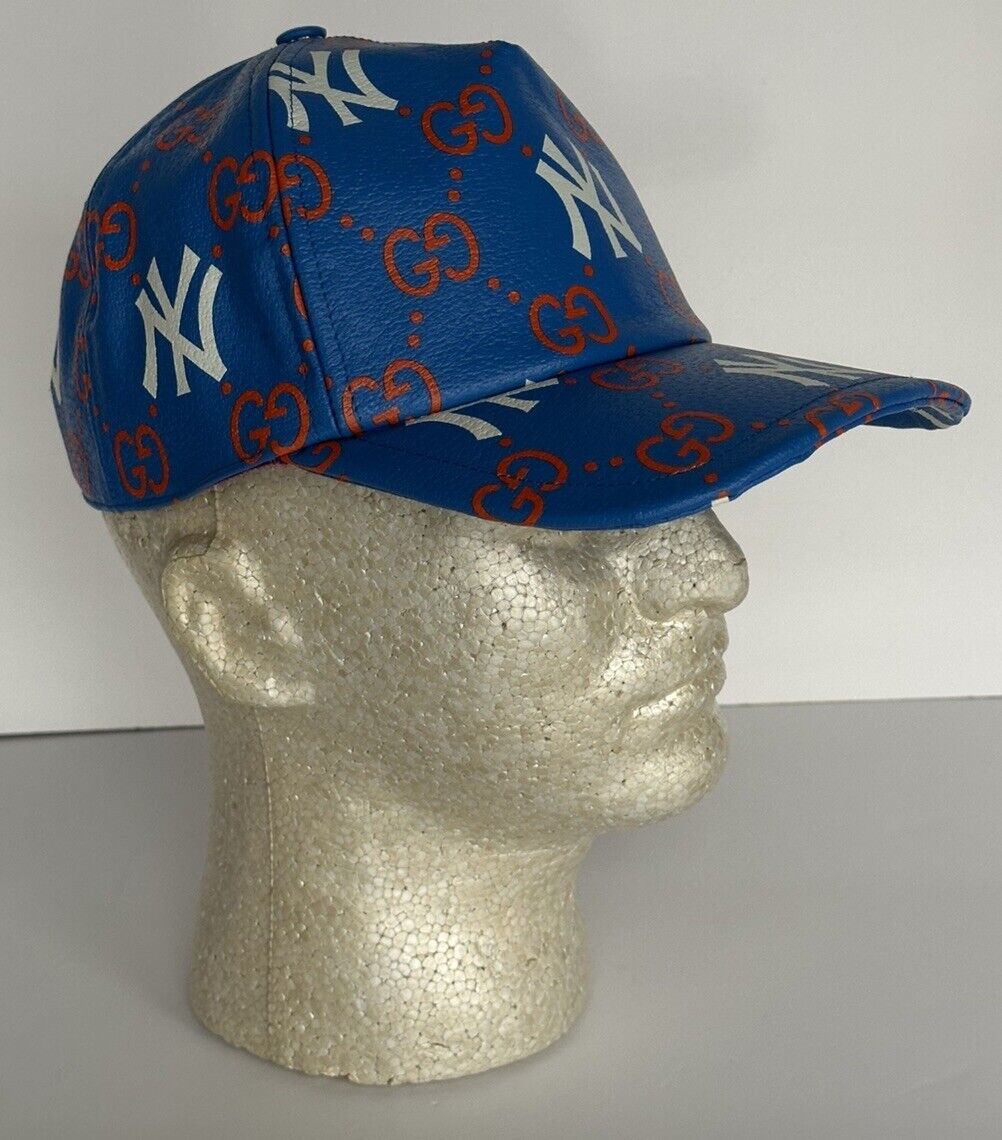 Gucci Men’s NY Yankees GG Logo Leather Baseball Cap Hat Blue M 729592 New