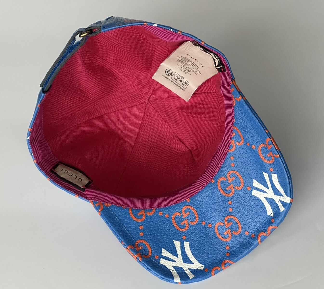 Gucci Men’s NY Yankees GG Logo Leather Baseball Cap Hat Blue M 729592 New